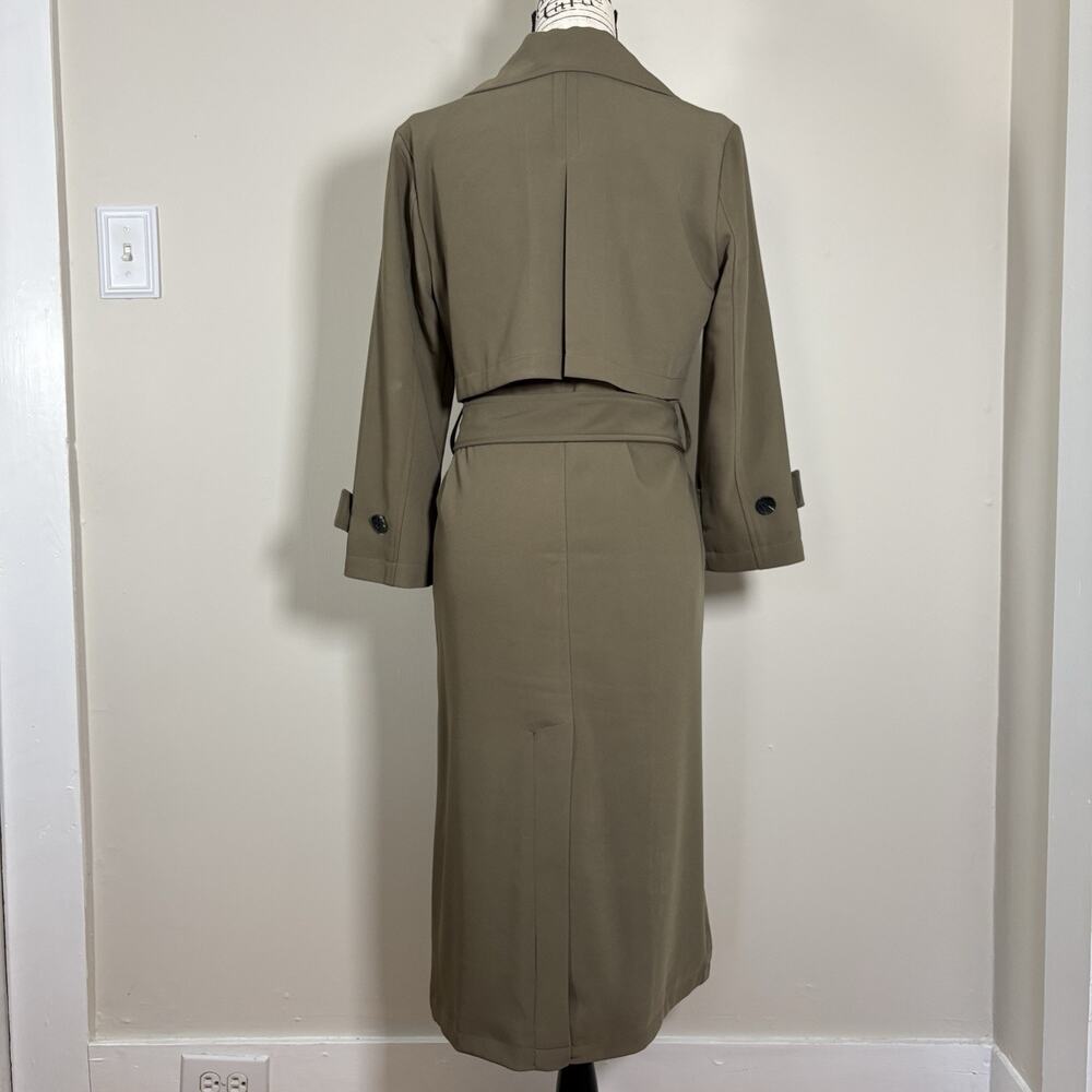 Avec Les Filles Stretch Crepe Double Breasted Belted Trench Coat Olive Green M - Picture 9 of 15